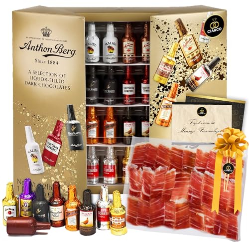 Cia&Co x Anthon Berg + Serrano-Schinken – mit Likör gefüllte Schokoladenflaschen · 64 Pralinen mit Likör – 1 kg + Verkostung von Premium Gran Reserva Serrano-Schinken + personalisierte Karte