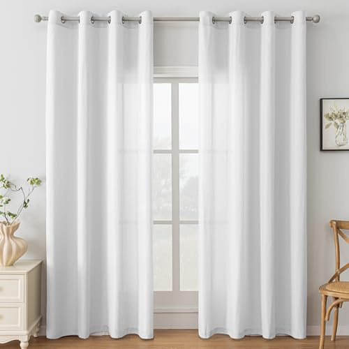 Ystyle Tende per Interni 2 Pezzi 140x175 CM, Tende Camera da Letto Soggiorno, Tende Moderne per Salotto Casa Finestra, Tenda Trasparenti Voile Semi Eleganti con Anelli, Bianco