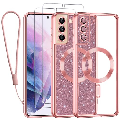 Kokio Handykette für Samsung Galaxy S21 Hülle mit Band, [Kompatibel mit MagSafe] Glitzer Magnetisch Handyhülle für Samsung S21 mit 2 Stück Schutzfolie Stoßfeste Silikon TPU Schutzhülle, Rosa