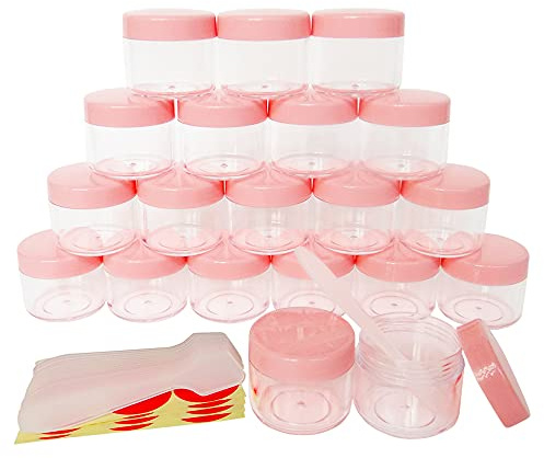 Wopanxye 20pcs 20ml Mini Travel Makeup Jars with Pink Lids for Cosmetics | 20g Plastic Small Pot for Beauty Container, Sample Eyeshadow, Face Cream, Lip Gloss Balm, Powder, Lotion, Toner, Homemade DIY
