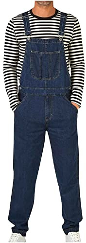 Keepink Denim Dungarees for Men UK Plus Size Long Pants Jeans Overalls Workwear Adjustable Strap Dungaree Mens Casual Sleeveless Rompers Suspender Playsuits Jumpsuits Pocket