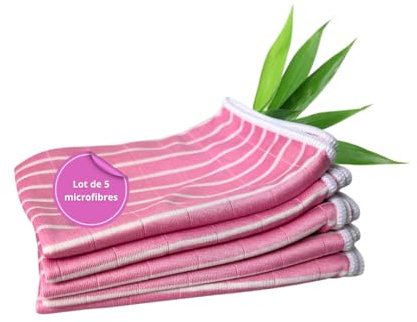 Tech'N'Fast Chiffon Bambou - Essuyage vitre sans Trace, INOX, chromes, miroirs - Lot de 5 Microfibres - Dimensions 48x36cm - Couleurs : Vert-Bleu-Rose (Rose)