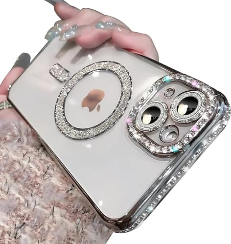 Sitthyw - Cover per iPhone 11, con magnete e glitter, compatibile con Mag-Safe, placcatura trasparente, motivo ragazza con diamanti, antigraffio e protezione per fotocamera, cover bling con cristalli
