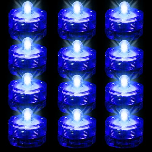 Editbar Flammenlose LED Kerzen Teelichter,12 Stück Mini Unterwasser Licht mit Batteries,Wasserdicht LED Teichbeleuchtung Dekolichter für Teich, Pool,Party, Hochzeit, Garten - Blau Licht