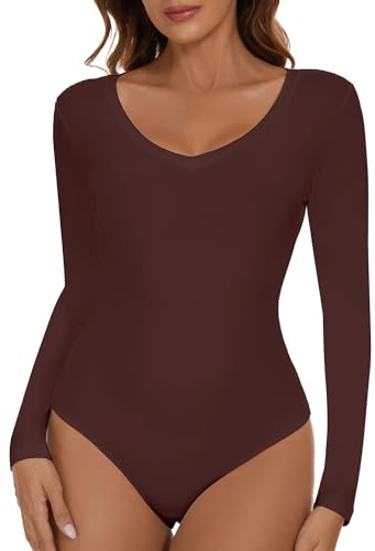 SHAPERIN Body Manica Lunga Donna Scollo a V Bodysuit Tops Elegante Long Sleeve Body Suits V Neck Women Sexy Marrone S