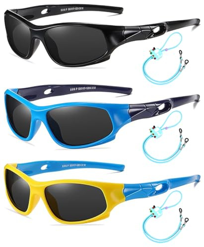 Rocf Rossini Pack of 3 Flexible Kids Sunglasses Polarized Sports Sun Glasses Girls Boys Cricket Shades with Straps UV400 Protection Eyewear for Age 2-10