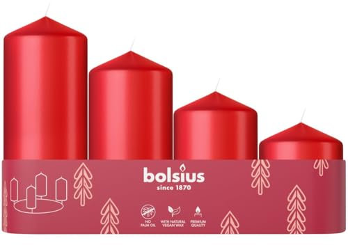 Bolsius Smooth Pillar Candles - Set of 4 - Advent - Red - Various Sizes 12-10-8-6 cm- Decorative Household Candles - Long Burning Time - Unscented - with Natural Plant Wax - Without Palm Oil - Ø48mm