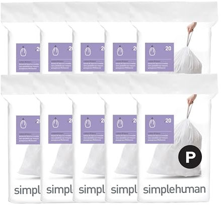 simplehuman Code P 200 Count, Dispenser Pack Custom Fit Liners, Drawstring Trash Bags, 50-60 Liter / 13-16 Gallon, White