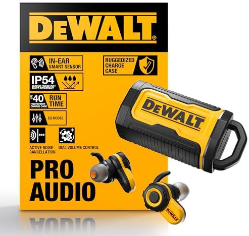 DEWALT Heavy Duty Bluetooth Jobsite Pro X2 ANC True Wireless Earbuds, 38dB Noise Reduction Rated Work Earbuds, Turn Dial Controls, 10Hr Runtime (40+ w/Case), 4 EQ Modes, IP54, Active Noise Cancelling