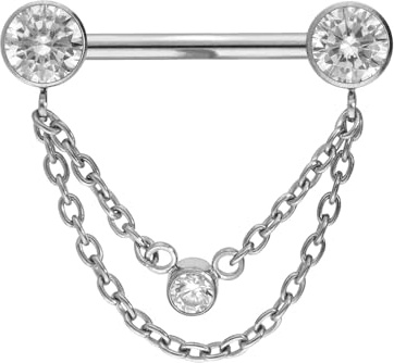 PIERCINGLINE Titan Barbell mit Push Fit 2 KETTEN + KRISTALLDISCS Brustwarzenpiercing Nippelpiercing Farb & Größenauswahl