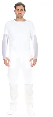 FRANZ MENSCH 100 Stück Hygostar Hygiene-Kittel mit Daumenloch | CPE, Karton, weiß, XL, L: 115cm, B: 100cm, PP+PE-Schutzkittel Einweg, OP Kittel, Einweg Kittel, Schutzkittel wasserdicht, Einmalkittel