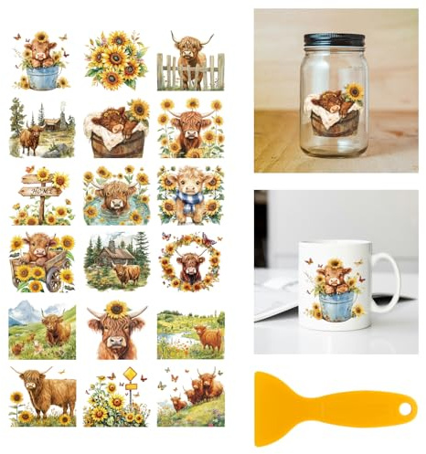 GLOBLELAND 18 Sheets Highland Cattle Rub on Transfer 3.9x3.6inch Colorful Sunflowers Butterflies Home Decals Flower Animals Insect Cup Transfer Decals for Furniture Vase Glass Art Crafts Decorations