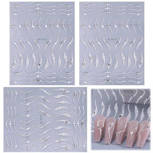 Französische Spitze Nagelsticker 3 Stück Nagelsticker Selbstklebende Mit Diamanten, Geeignet für Nagel Art Design, Nail Art Zubehör, DIY