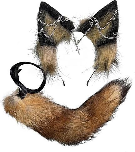VIGVAN Wolf Ohr Stirnband und Schwanz Set Fluffy Plüsch Wolf Cosplay Kostüme (Braun Schwarz)