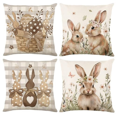 YEWCEP 4 unidades de Pascua, decoración de Pascua, decoración de Pascua, 45 x 45 cm, diseño de conejo, flor, verde, decoración, funda de cojín, sofá, dormitorio, salón, jardín, decoración del hogar