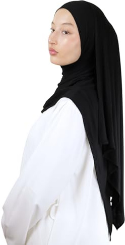 Hijab Infilare completamente jersey in fibra di bambù naturale hijab traspirante & ipoallergenico per donna musulmana velata scialle islamico velo infilabile HE340, Nero , Taglia unica