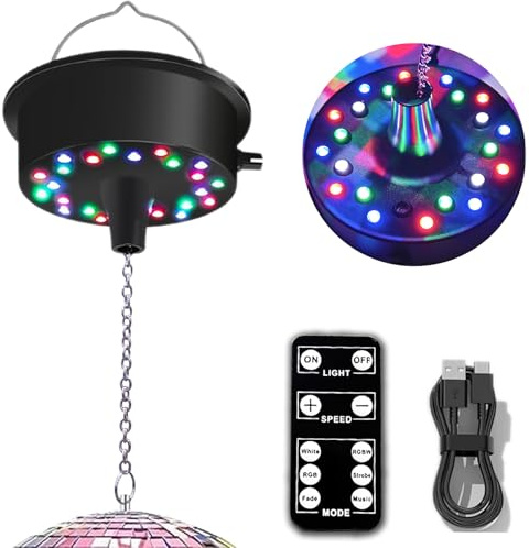 Motore a sfera per specchi con telecomando, 5-10 giri/min, palla da discoteca regolabile con rotatore a 23 LED RGBW con modalità multi luce e controllo del suono, per sfere a specchio da 6 a 12