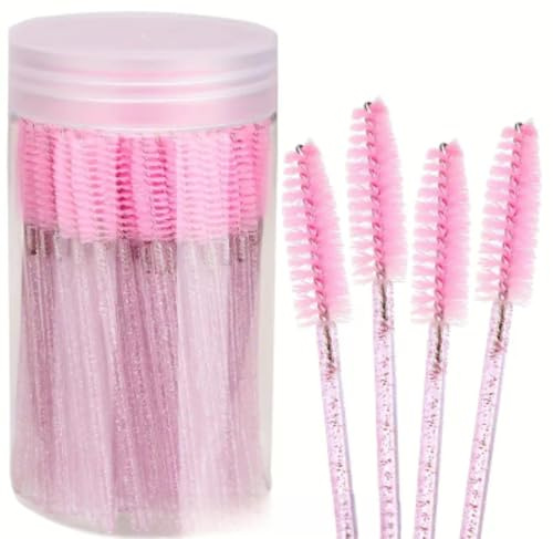 Lot de 100 brosses jetables pour cils et sourcils, applicateurs de mascara pratiques avec poignée élégante en cristal rose, idéal pour un maquillage précis et professionnel.