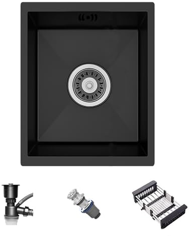 Fregadero de cocina negro de 38 x 30 cm, acero inoxidable, compacto, empotrado, con accesorios de escurridor y tendedero, ideal para cocinas pequeñas, bares o lavaderos (38x