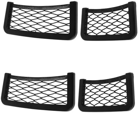 HORIALENCE Lot de 4 Filets de Voiture Noirs en Plastique, Organisateurs Multifonctions à Accrocher Côté Siège pour Téléphone Portable et Portefeuille, Grosse Capacité