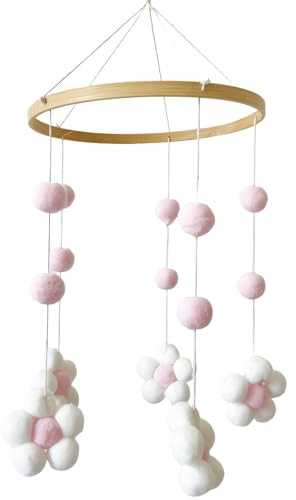 Mobile Baby aus Filz, Baby Mobile für Bett & Wickeltisch, Handmade Windspiel mit natürlichen Holzperlen, Mobile Baby Basteln Filz, Neugeborenen Geschenk für Jungen und Mädchen (Hellrosa)