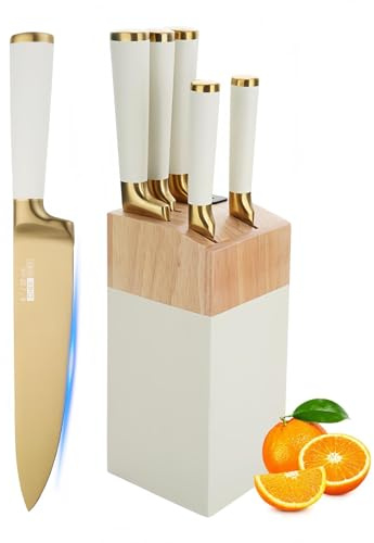 JUSTUP Gold Knife Set, 6 Pieces Titanium Coated Knife Block Set with Pink Wood Block, Ultra Sharp Stainless Steel Chef Knife Sets for Kitchen Built-in Sharpener, Kitchen Accessories and Decor (White)