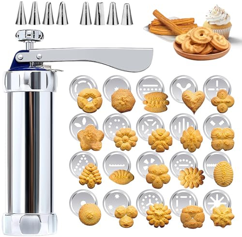 Gebäckpresse für Spritzgebäck Edelstahl Spritzgebäck Presse mit 20 Schablonen und 8 Edelstahl Tüllen, Gebäckpresse, Gebäckspritze, Kekspresse,Teigspritze, Plätzchenpresse, Edelstahl Gebäckpresse