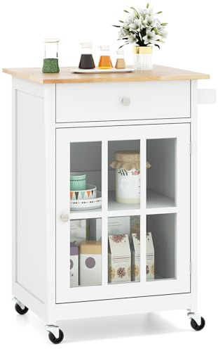 COSTWAY Kitchen Island on Wheels, Rolling Storage Trolley Cart with Rubber Wood Tabletop, Tempered Glass Door, Adjustable Shelf, Drawer & Towel Rack, Mobile Sideboard Cabinet Organiser