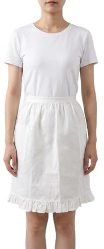 HSOFTIFY 100% Pure Linen Waist Apron with 2 Pockets, Frilly Ruffled Vintage Maid Half Apron Long Ties for Women Waitress Kitchen Cooking Restaurant Bistro, White
