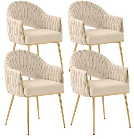 SUPPNEED Samt Esszimmerstühle 4er Set, Sessel Wohnzimmer, Stühle Esszimmer mit Armlehne, Küchenstühle mit handgeflochtenen Hochlehner, Schminktisch Stuhl mit Gold Beine, Balkonstuhl(4, Beige)