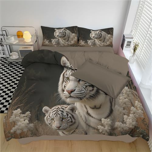 GSAEIMCT Bettwäsche Set Blume Weißer Tiger Weiß Natürliche Tiere Deckenbezug Bettwaesche 135X200Cm Bettbezug + 80X80Cm Kissenbezug