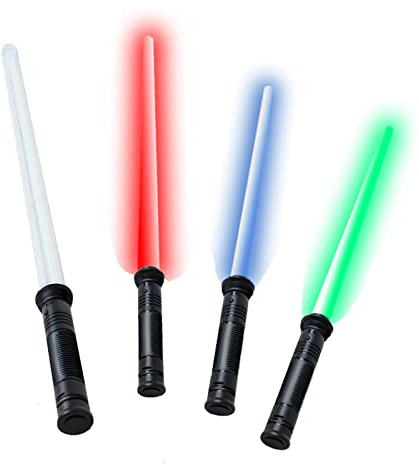 tevenger Lichtschwert Laserschwert Lightsaber mit 4-Fach wählbaren LED Lichteffekten in blau rot oder grün und Sound, 67cm starre Klinge Griff schwarz