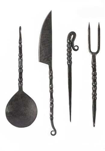 Battle-Merchant Handgeschmiedetes Essbesteck, vierteilig mit Ledertasche | Messer, Gabel, Löffel, Esspfriem, Deko Besteck für LARP und Reenactment