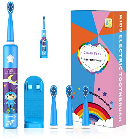 Musikalische Elektrische Zahnbürste für Kinder, Wiederaufladbare Intelligent Karikatur Zahnbürste für Kinder Alter 3-12 mit 2 Minuten Timer,3 Modi, 4 Bürstenköpfe