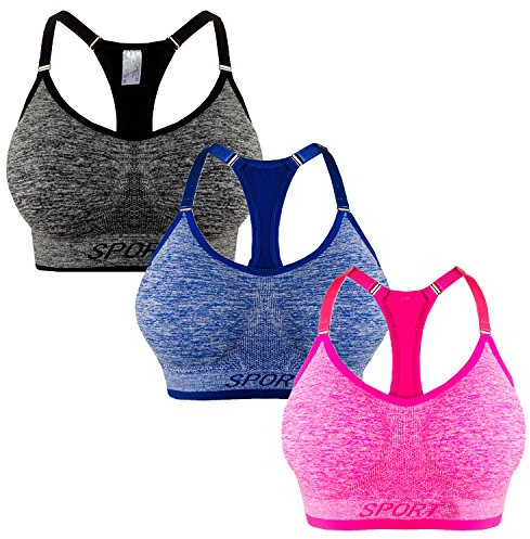 Libella 3-pack dam sport bh bustier komfort bh dragkedja vadderad push up stödfunktion justerbara remmar utan bygel yoga fitness, 3-pack grå + blå + rosa, L-XL