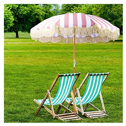 JJ Home Deluxe Terrassenschirm Sonnenschirm für den Außenbereich mit Fransen, Tragbarer Gartenschirm mit 100% UV-Schutz, Neigung per Druckknopf und Tragetasche (Pink White Stripes)