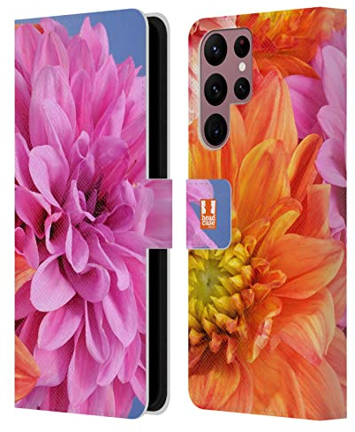 Head Case Designs Dahlias Oranges Et Roses Fleurs Étui Portefeuille en Cuir Compatible avec Samsung Galaxy S22 Ultra 5G