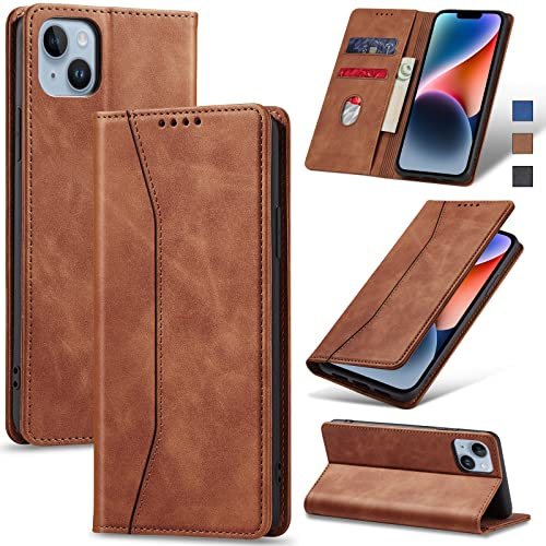 Jasonyu Cover per iPhone 14, Portafoglio PU Pelle Custodia, Marrone | Flip Libro, Slot Porta Carte, Magnetica, Funzione Supporto, TPU Antiurto