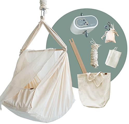 Membantu Federwiege Baby inkl. Feder - Baby-Wiege aus Bio-Baumwolle - Baby-Hängematte mit Deckenaufhängung bis max 15kg - Baby-Hängewiege mit Matratze, Baldachin und Federwiege-Motor