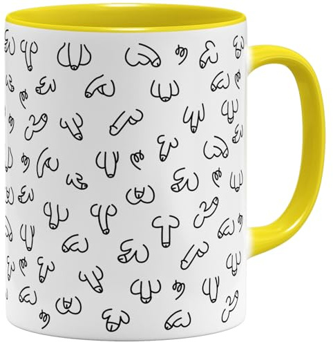 OM3® witzige Doodle Kaffeetasse mit Penisse - Pimmel Tasse Penis-Muster - Keramik Becher - 11oz 325ml - Rundumdruck - Gelb