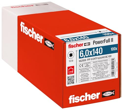 fischer PowerFull II 6,0 x 140, Premium Vollgewindeschraube (100 Stk.) mit innovativer Spitzengeometrie, Stahlschraube für tragende Holzkonstruktionen mit Zylinderkopf, vermindert Spaltrisiko