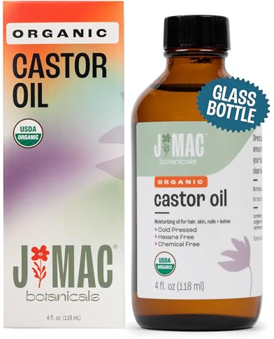 J MAC BOTANICALS - Aceite de ricino orgánico prensado en frío (botella de cristal, 4 oz, sin goteo), aceite de ricino puro, sin hexano, aceite de ricino para cara, piel, aceite de ricino para pestañas