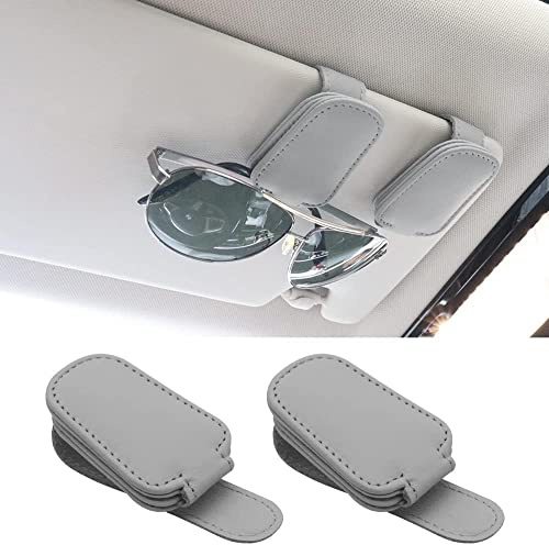 ESTEOPT Brillenhalter für Auto Sonnenblende,2 Stück Brillenhalter für Auto Sonnenblende,Universal Echt Leder Auto Visier Zubehör Sonnenbrillen Halterung Magnetische Ticket Clip (Grau)
