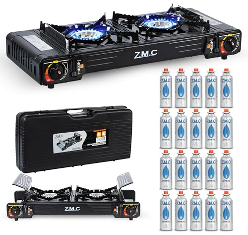 Z.M.C Premium camping gasspis 2 lampor + 20 gaspatroner 227 g, campingspis med tändskydd för utomhus och inomhus, dubbel gasspis med piezo-tändning