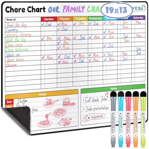 Yes4Quality Magnetic Dry Erase Chore Chart (19 x 13), Behavior Chart for Multiple Kids, Family Weekly Chores Checklist w/Meal Planner, Stain Resistant Board for Fridge W/ 5 Colorful Markers