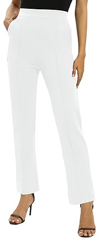 Mujeres Oficina Casual Piernas Rectas Trabajo Pantalones Elástica Cintura Pantalones con Bolsillos(S, Blanco)