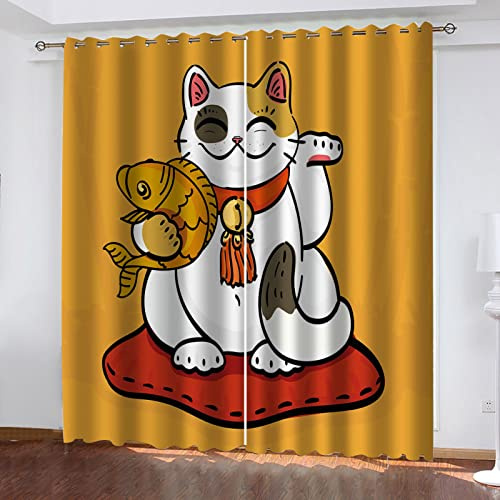 GSKOQD Lot De 2 Rideau Isolant Thermique À Oeillets 3D Impression Chat Porte-Bonheur Rideaux Occultants De Fenêtre Décoration Salon Rideau Isolant Phonique pour Chambre Enfant, 200X200Cm（L X H）