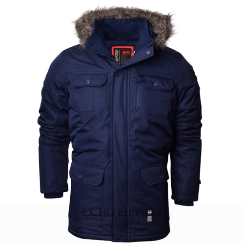 Crosshatch Mens Heavy Weight Fur Hood 'Parked' Parka Padded Waterproof Winter Coat Jacket- XX Large - Navy Blue