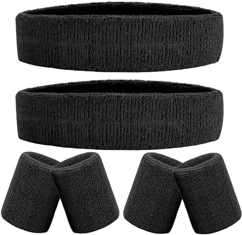 IMAGERIO 6 Pieces Sweatband Set Sports Headband Wristband Set, Moisture Wicking Athletic Sweatbands 4 Wrist Sweatband and 2 Headbands, Terry Cloth Sweat Absorbing Head Band for Workout -Black