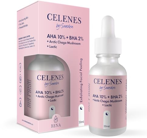 Celenes by Sweden AHA 8% + BHA 2% + Arktischer Chaga-Pilz & Milchsäure Serum - Ohne Duftstoffe, Alkohol und Parabene, für Akneanfällige Haut - Exfolierendes & Straffendes Nacht-Peeling, 30ml
